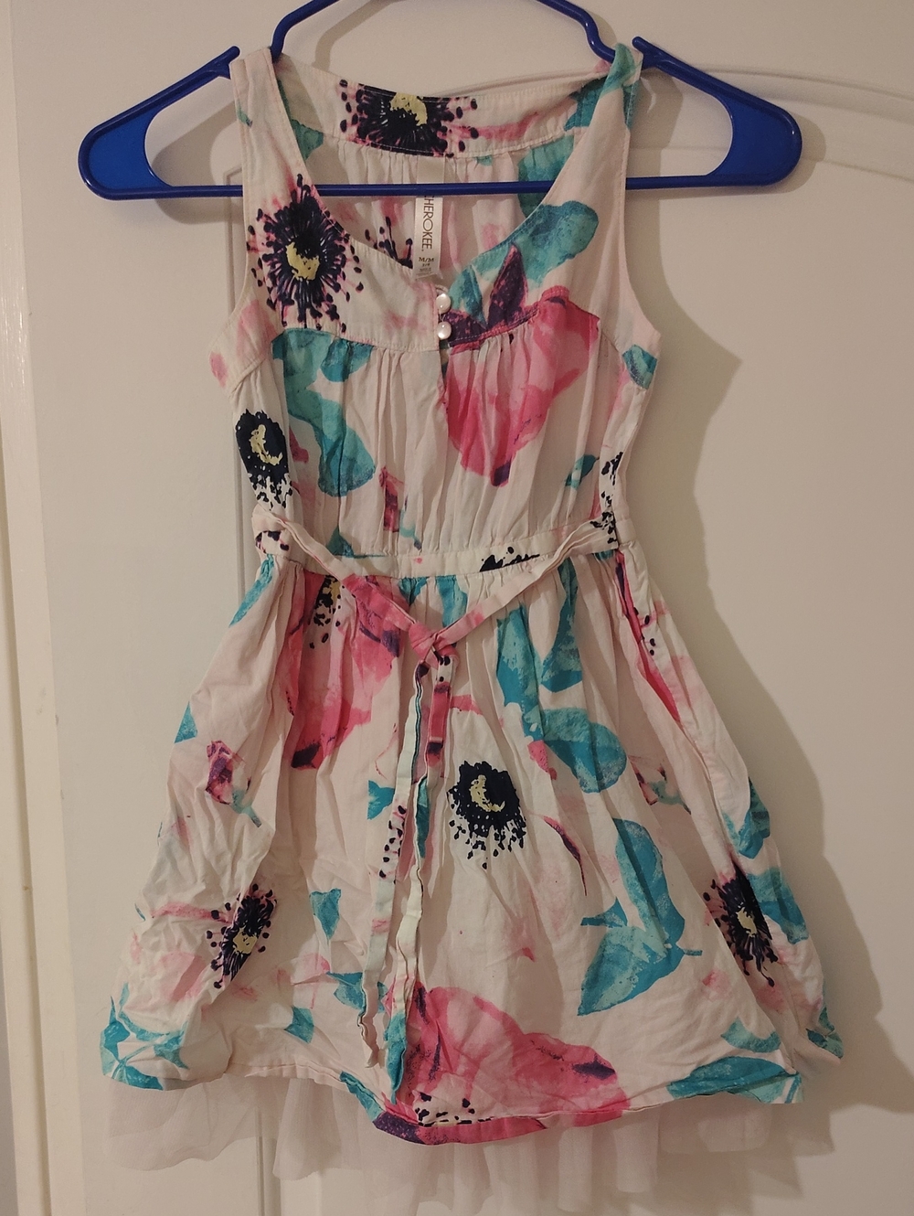Girls Floral Tie-Waist Dress in Pink and Teal